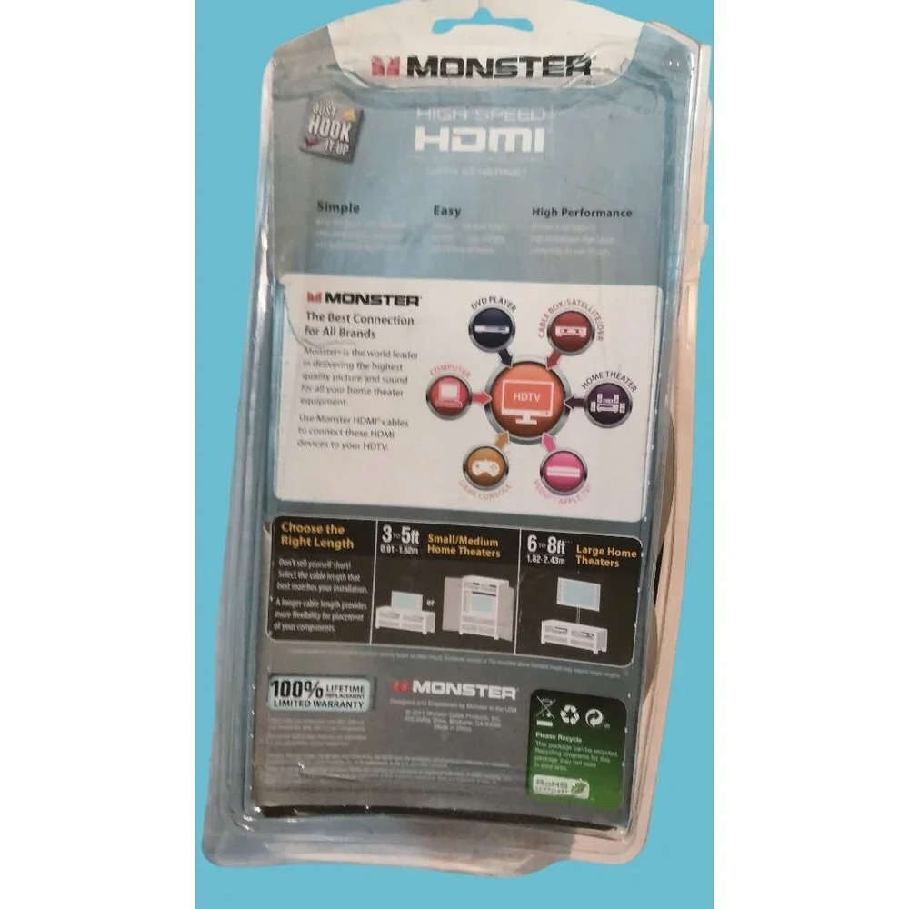 Monster High Speed HDMI Cable Ethernet 5ft HD Video Audio Compatible All Brands